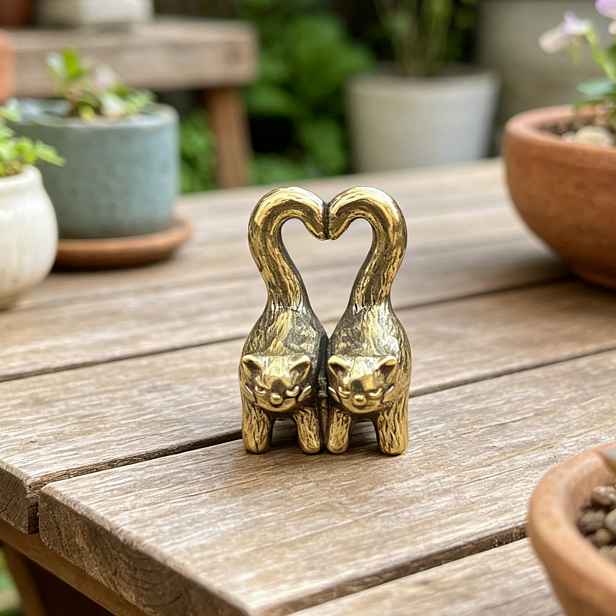TEMU Ručně vyrobená vintage dvojitá kočičí figurka z mosazi, párek koťat s ocasem ve tvaru srdce, kreativní dekorace na stůl, domácí řemeslo pro
