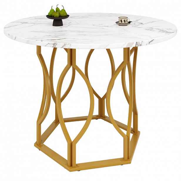 OKWISH JÍDELNÍ stůl 100/100/76 cm bílý/zlatý z MDF a kovu s nastavitelnými nožkami