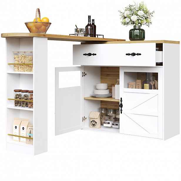 Modfu BAROVÝ stůl z MDF 138-204x39x104 cm bílý s 360° otočnou deskou a úložným prostorem