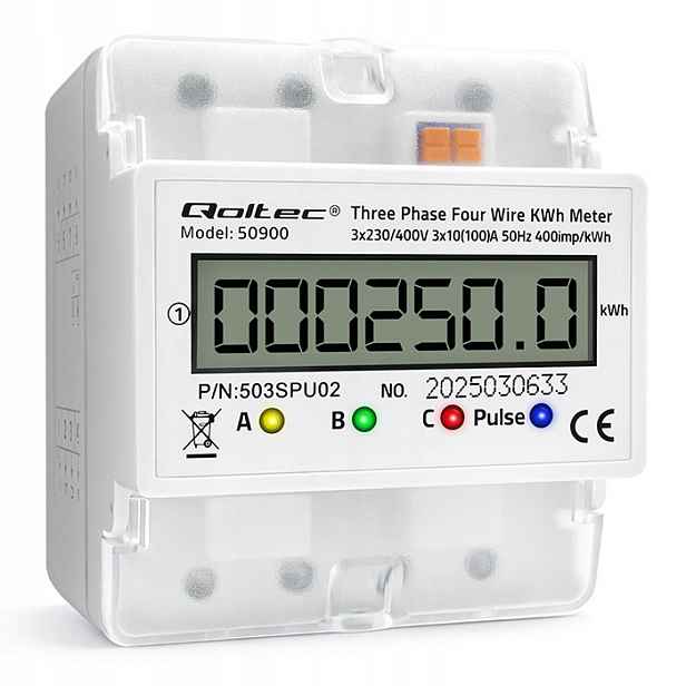 Třífázový elektroměr Qoltec 100A 400V LCD 4P na Din lištu TH35 50900