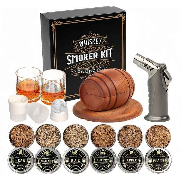 Sada na uzení whisky XXL Dárek pro muže Hořák 2 Sklenice 6 příchutí