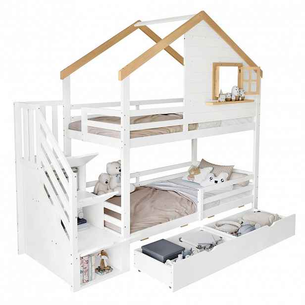 STILVORA ETAGENBETT 90/200 cm & 90/200 cm in Weiß & Natur mit 4 Schubladen, Treppe und Fenster im Hausdesign