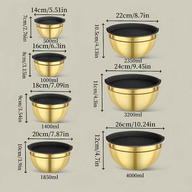 TEMU 14ks (7ks mísy + 7ks víka) Zlatá sada mís na míchání s černými víky – Nerezová ocel, odolná proti rzi, vhodná do myčky – Ideální pro pečení,