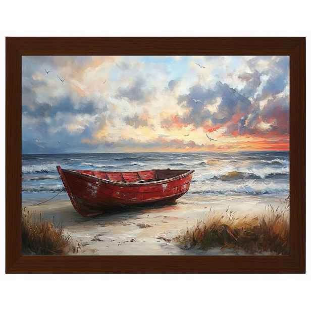 Plakát Rámeček Dřevo Červená Loď Pláž Západ Slunce Moře Léto 80x60