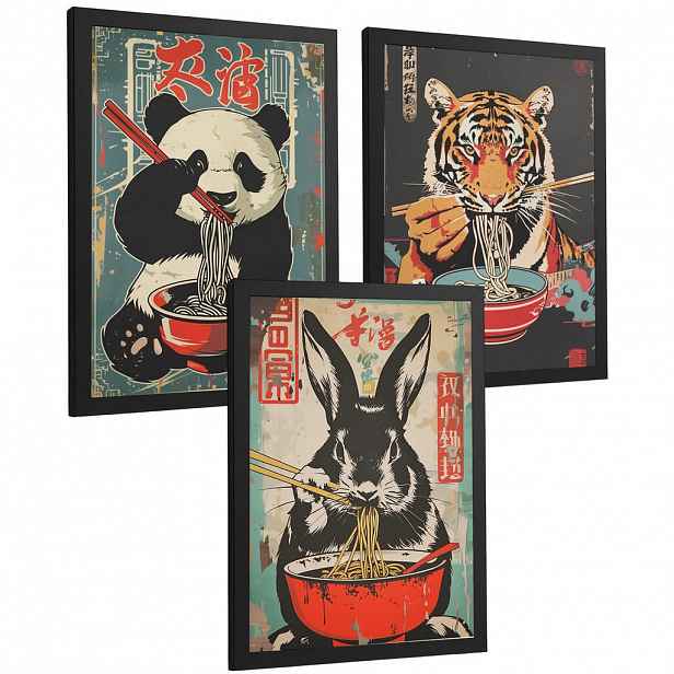 Nacnic PLAKAT Sada 3 Ramen Animals A4 Černý rám