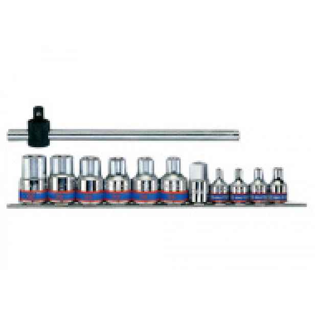 Sada nástrčných hlavic 3/8"+ 1/2" Torx "E"  na kolejnici + vratidlo 3/8, redukce 12dílná sada King T