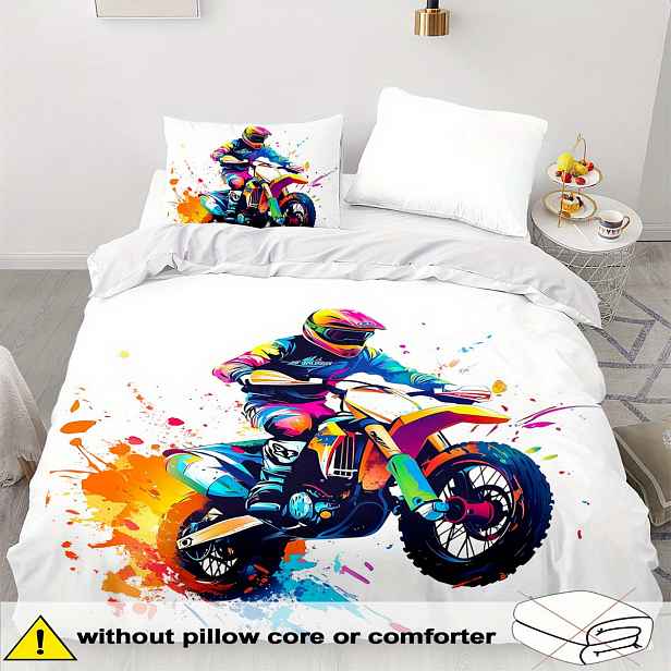 TEMU Motocyklové Povlečení na Peřinu - 2/3 ks, Měkké, Pohodlné a Prodyšné, Potisk s Závodních Motocyklů, Barevný Tie-Dye Styl, Povlečení na Peřinu z