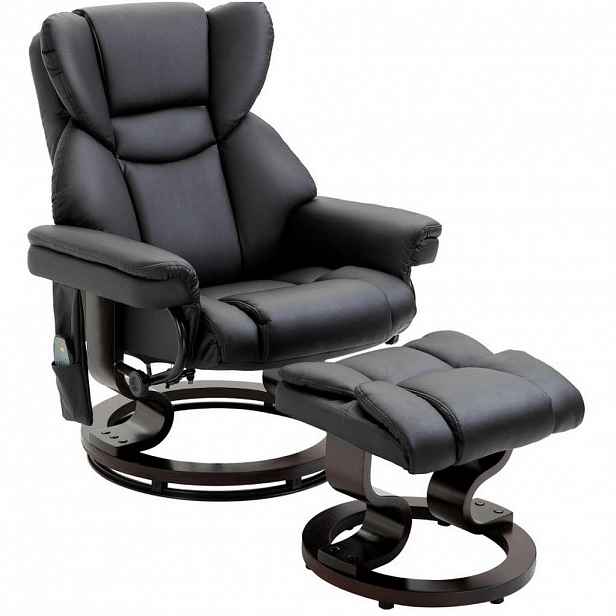 OKWISH RELAXAČNÍ křeslo 79/82/101 cm černé z lepené kůže s masáží podnožkou a polohováním