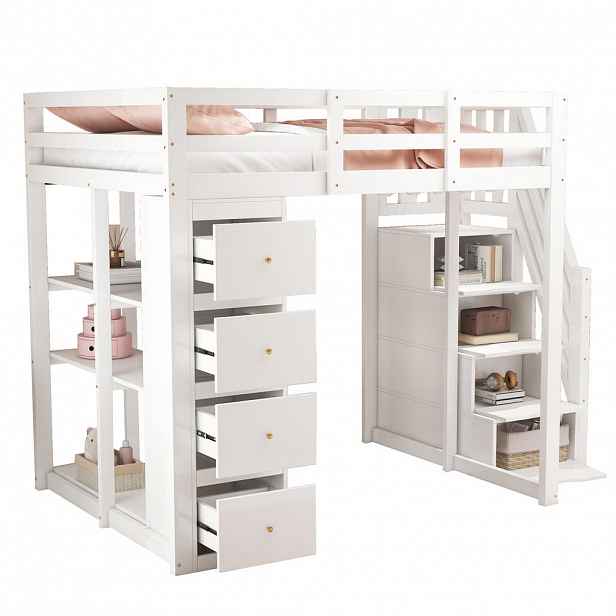 STILVORA HOCHBETT 140/200 cm in Weiß mit 4 Schubladen, Regal und Sicherheitsleiter