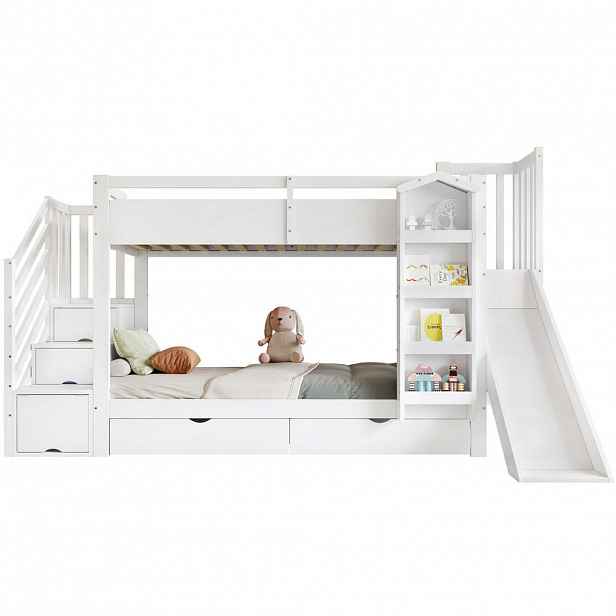 STILVORA ETAGENBETT 90/200 cm in Weiß Kinderbett mit Rutsche, Treppenregal und 2 Schubladen
