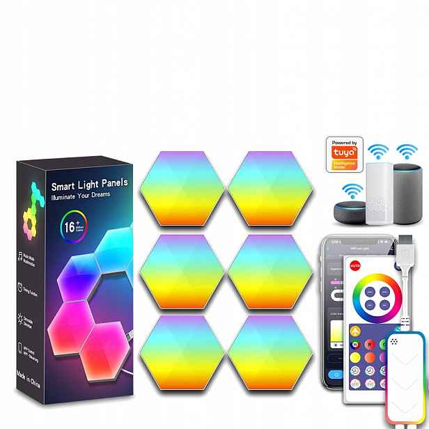 Led Lampa Sada 6 X Panel Hexagon Wifi Smart Tuya Rgb Bílá Inteligentní