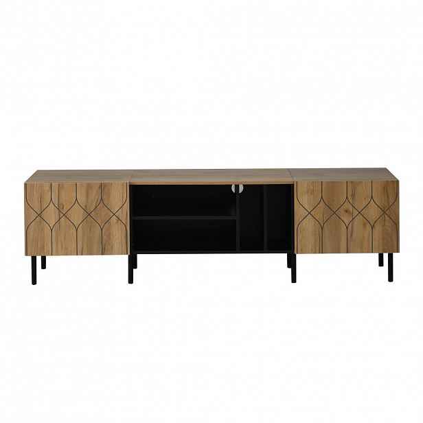 Urban Meuble NÍZKÁ SKŘÍŇKA (LOWBOARD) přírodní dřevo a černá, 180 cm, pro TV do 70 palců, 2 dvířka a 4 otevřené přihrádky