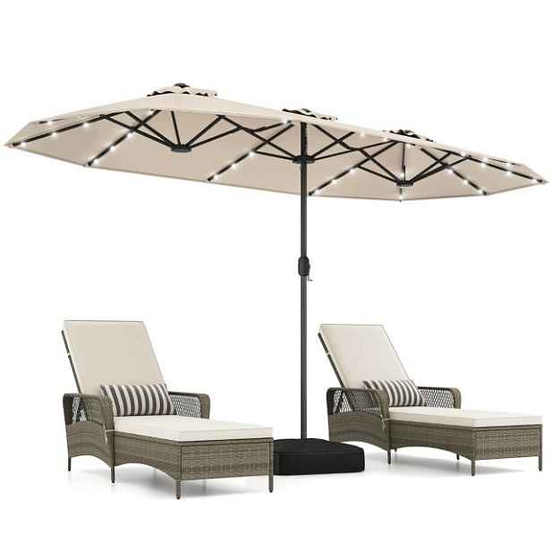 Velký deštník Costway béžový 405 x 225 cm s Led světlem béžový Se Základnou