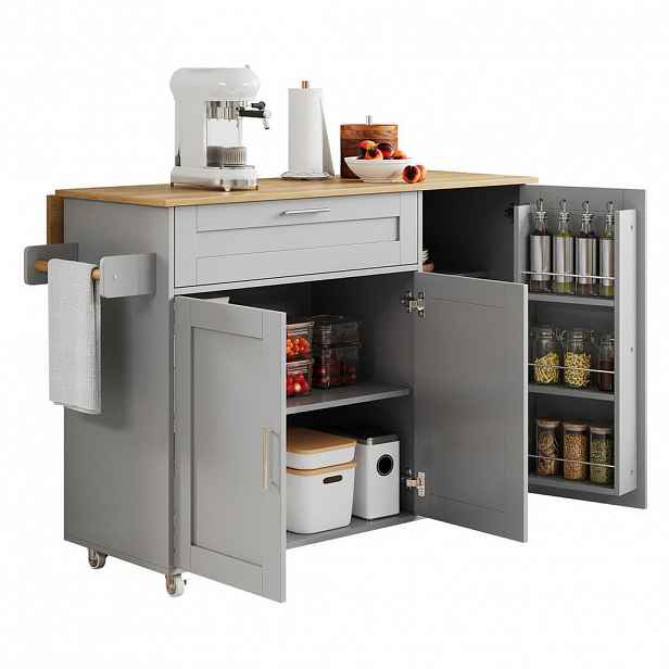 Modfu KUCHYŇSKÝ vozík z MDF 132,5x44(70)x90 cm šedý se sklápěcí deskou, 5 kolečky a nastavitelným úložným prostorem