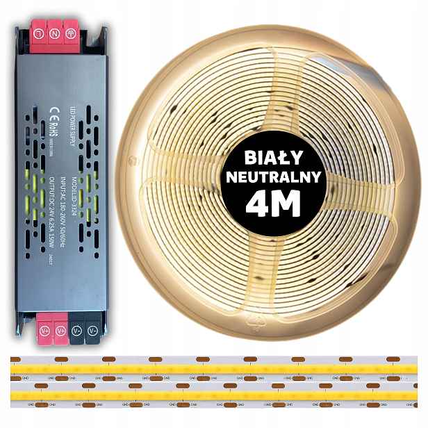 Set 4M Led pásek Cob 480 diod 4000K neutrální bílá 24V 10W napájecí zdroj