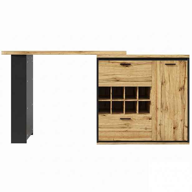Urban Meuble BAROVÝ STŮL rozkládací 138-220 cm v dekoru dřeva s úložným prostorem a regálem na víno