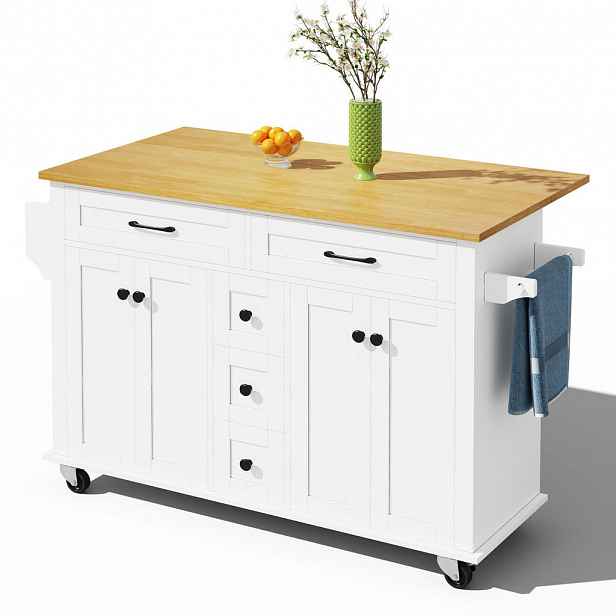 Modfu KUCHYŇSKÝ vozík z MDF 140x40(65)x89 cm bílá/přírodní s rozkládací deskou, zásuvkami, skříňkami a kolečky