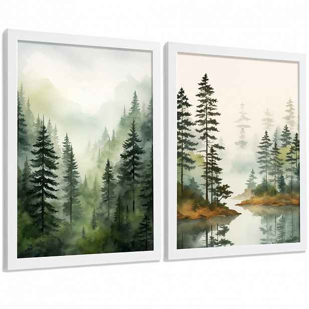 Nacnic PLAKAT Sada 2 dekorativních tisků Nordic Forest Landscape Moderní obývací pokoj Obrázky - zelené a hnědé dekorativní plakáty A3 Bílý rám