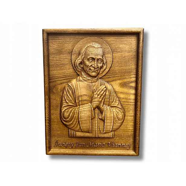 Svatý Jan Maria Vianney 50 cm reliéf ze dřeva, obraz jako dárek