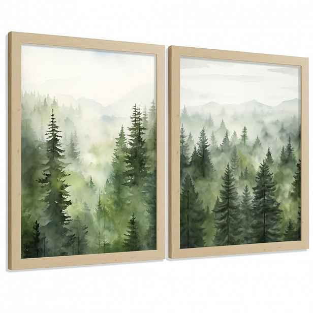 Nacnic PLAKAT Sada 2 dekorativních tisků Nordic Forest Landscape Moderní obývák Obrázky - Zelené dekorativní plakáty Dekorace Obývací A3 Světelný dřev