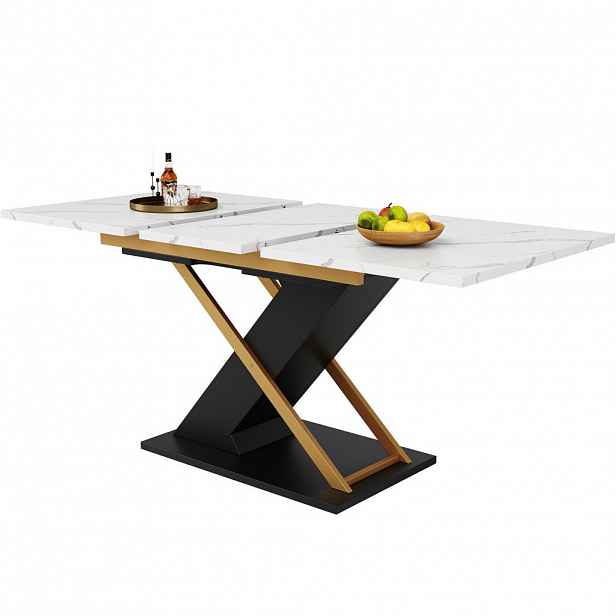 OKWISH JÍDELNÍ stůl 120-160/80/75,4 cm černý z MDF a kovu rozkládací s mramorovým dekorem