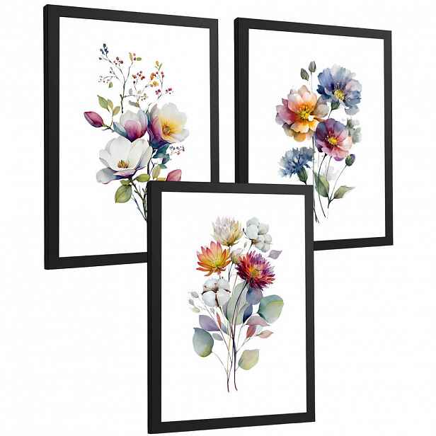 Nacnic PLAKAT Sada 3 botanických uměleckých tisků. Květinové nástěnné umění. Moderní minimalistický květinový nástěnný PLAKAT. Velikost Černý rám A3