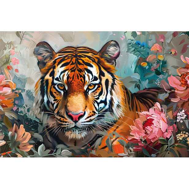 Obraz na plátně Tygr v květech, 90x60 cm, efekt olejomalby