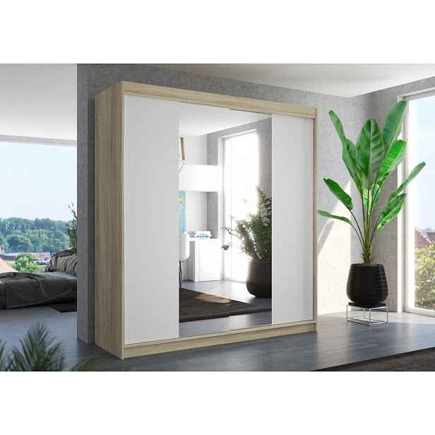 Šatní skříň se zrcadlem 200 cm GAPLIA - dub sonoma / bílá