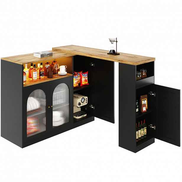 Redom BAROVÝ stůl z MDF 197/39,6/100 cm s otočnou deskou 360°, LED osvětlením a skleněnými dvířky, Černá