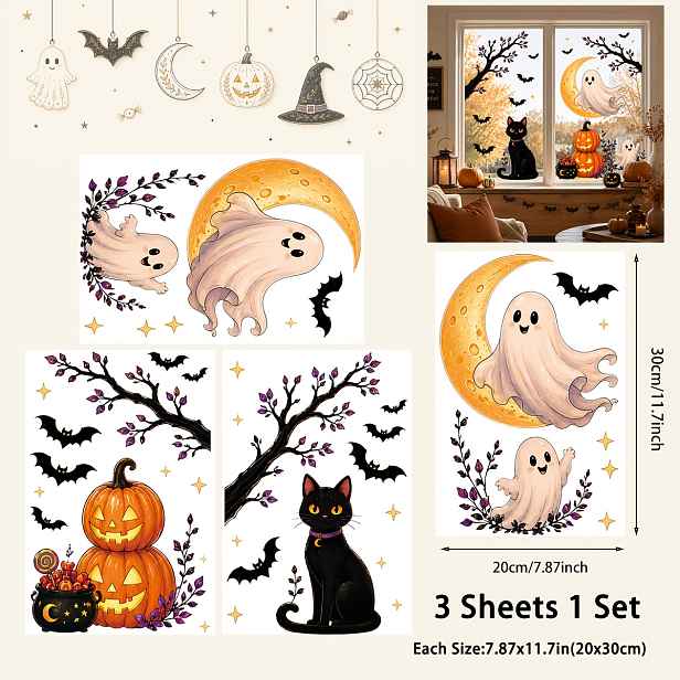 TEMU 3 halloweenských samolepek na okna, dekorace na lednici, oboustranné samolepky na okna s dýněmi, duchy, netopýry, černou kočkou, měsícem,