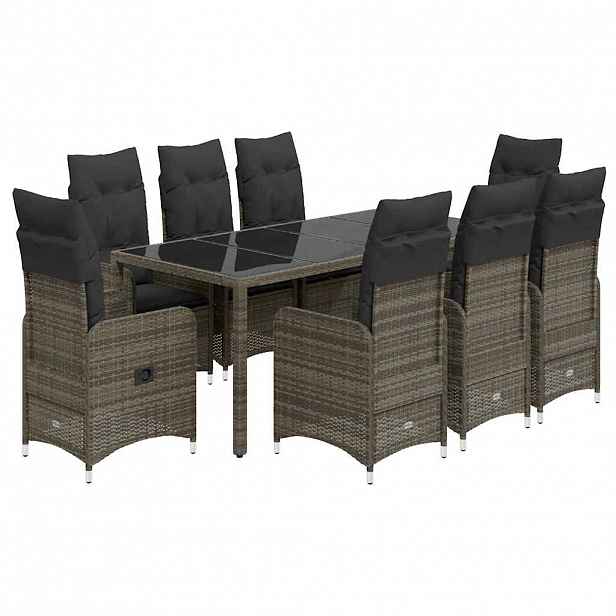 vidaXL 9dílný zahradní bistro set s poduškami šedý polyratan
