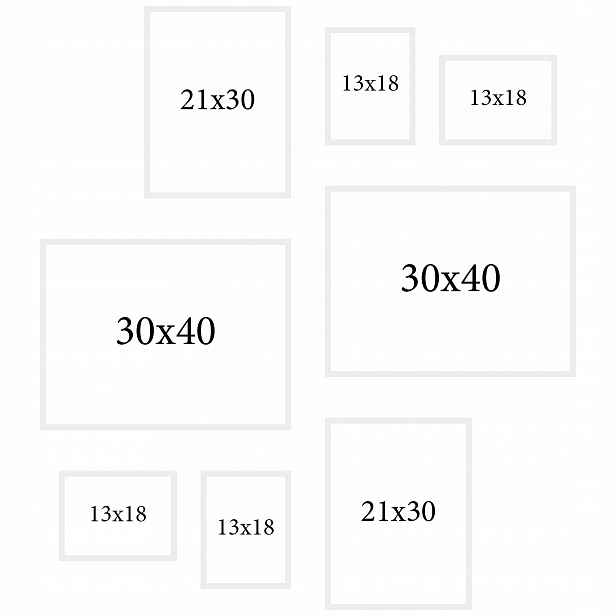 Bílé fotorámečky sada 8ks 30x40, A4 21x29,7, 13x18 mulitrama rám