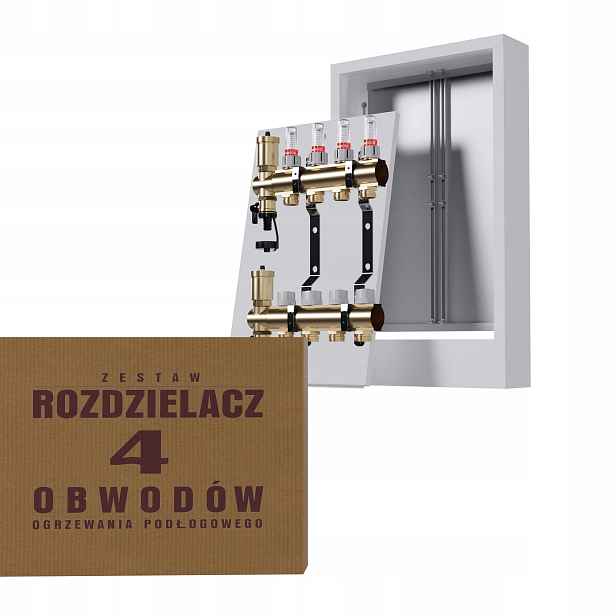 Rozdělovač na podlahy mosazný 4-okruhový a nástěnný box bílý