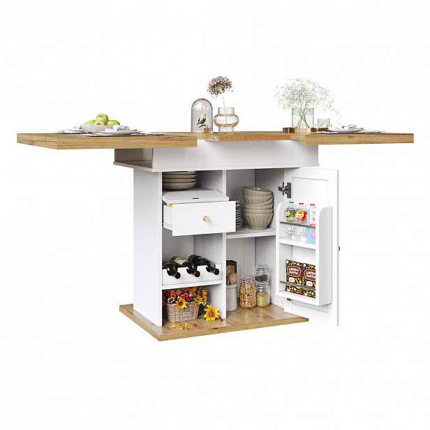 OKWISH JÍDELNÍ stůl 110-140/80/75 cm přírodní/bílá z MDF s výsuvnou deskou a úložnými policemi