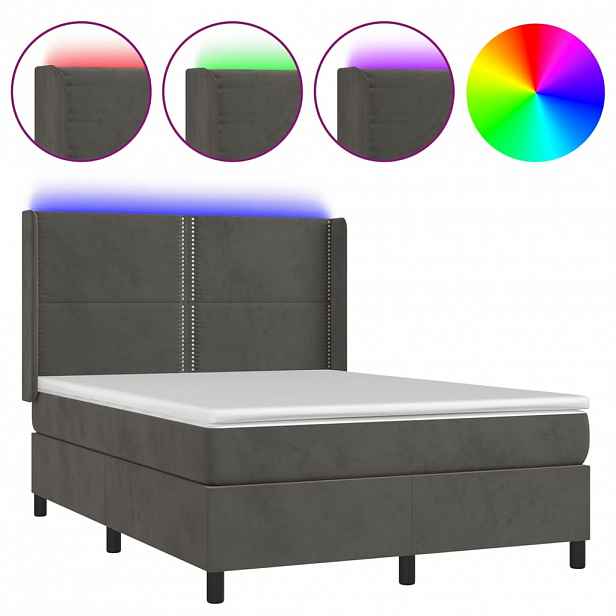 vidaXL Box spring postel s matrací a LED tmavě šedá 140x190 cm samet