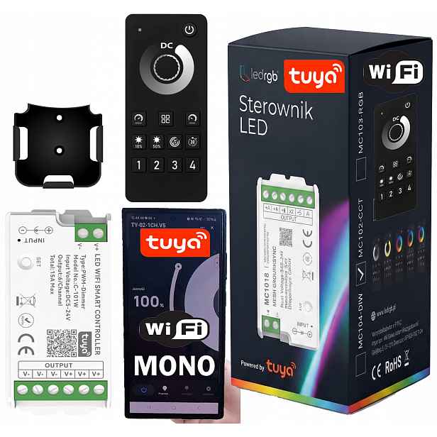 Ovladač Dálkový Ovladač Rádiový stmívač pro Led pásky Cob Mono Wifi 4 Zóny Tuya