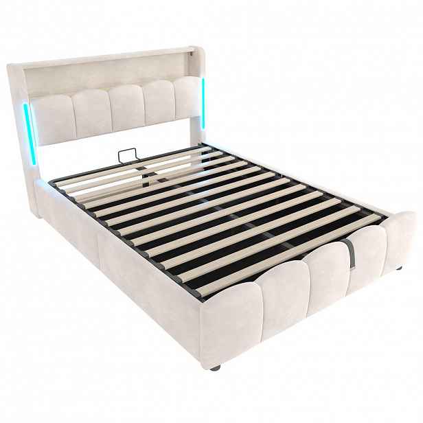Urban Meuble ČALOUNĚNÁ POSTEL 140x200 cm, béžový samet s úložným prostorem, LED a USB