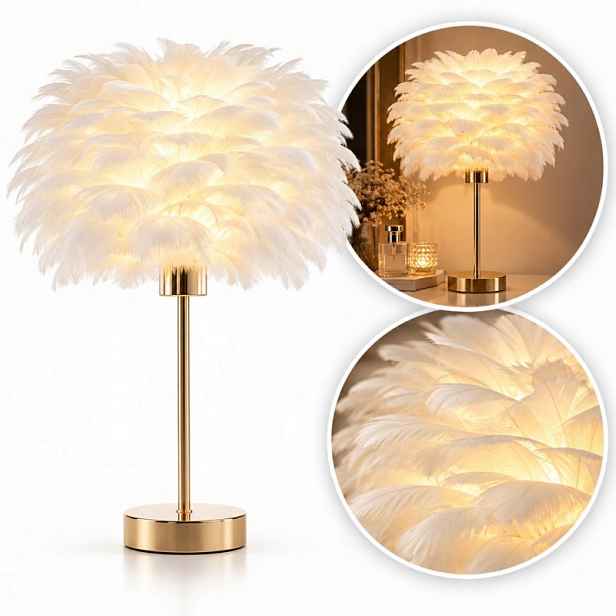 Elegantní noční stolní lampa se stínítkem z bílého peří, stmívač 3 barvy