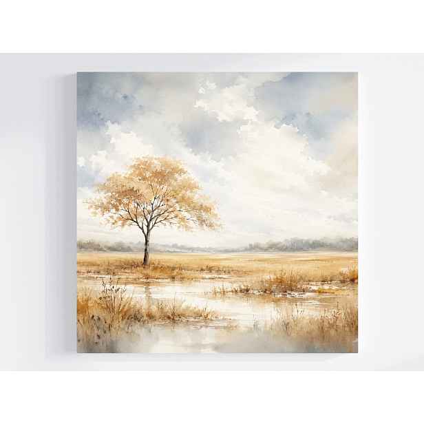 Obraz Na Plátně Canvas Krajina Pole Rozlévání Dřevo Podzim Mraky 50x50