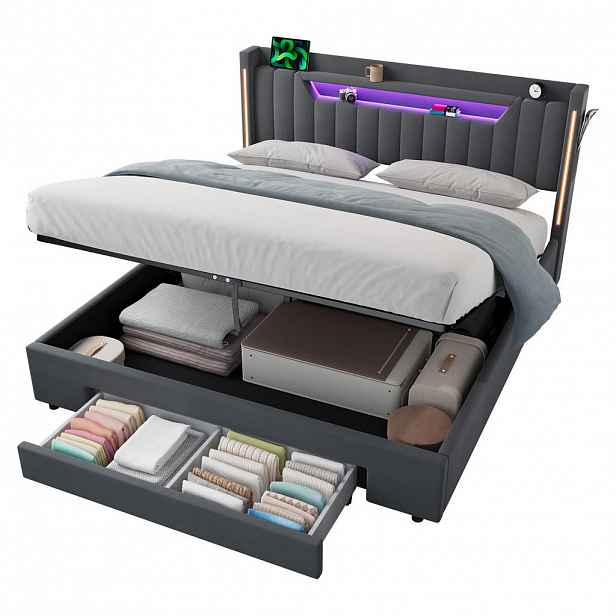 OKWISH ČALOUNĚNÁ postel 160/200 cm tmavě šedá ze sametu, dřeva a kovu s LED osvětlením a výškově nastavitelným čelem postele s úložným prostorem