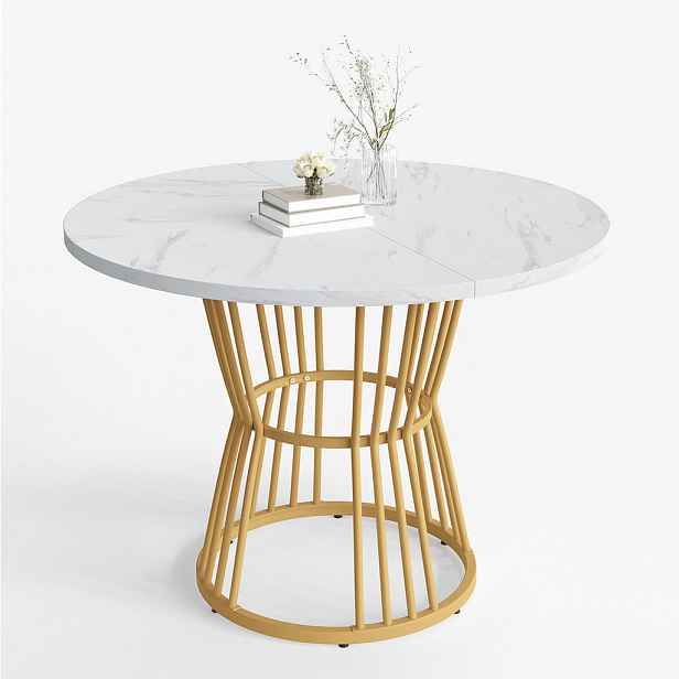 OKWISH JÍDELNÍ stůl 100/100/75 cm bílý z MDF a kovu s mramorovým dekorem
