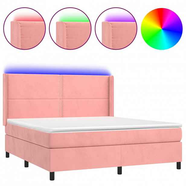 vidaXL Box spring postel s matrací a LED růžová 160x200 cm samet