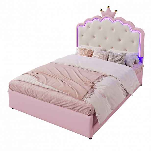 WISHDOR ČALOUNĚNÁ POSTEL 140 × 200 cm / 90 × 188 cm v růžové barvě s výsuvným lůžkem, 2 zásuvkami a LED osvětlením