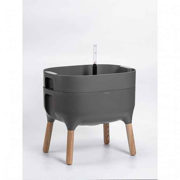 Šedá pěstební samozavlažovací nádoba Plastia Low Urbalive, výška 48 cm