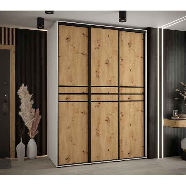 Šatní skříň YVONA 10 - 180/60 cm, bílá / dub artisan / černá