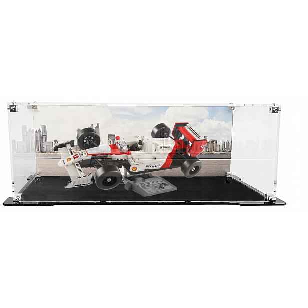 Vitrína s černou základnou a pozadím pro stavebnici Lego 10330 McLaren MP4/4