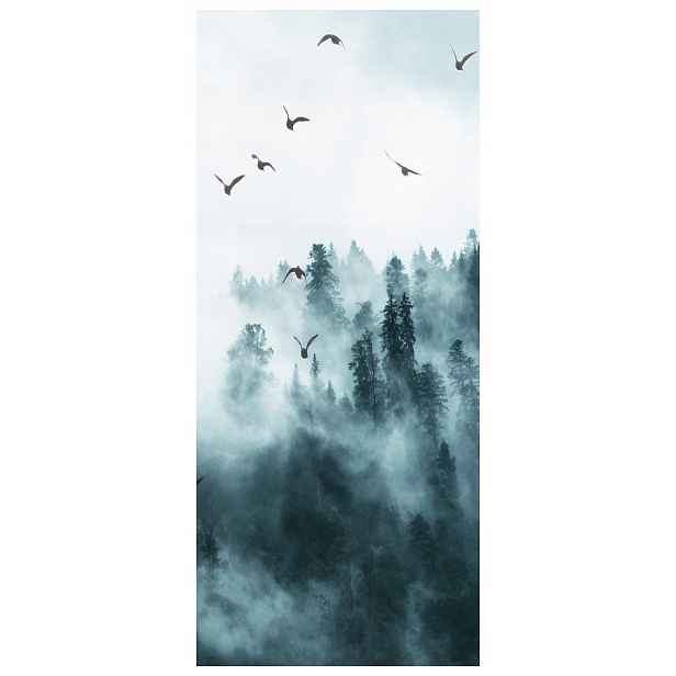 Samolepicí Samolepicí Fototapeta Les v mlze s ptáky krajina 91x211