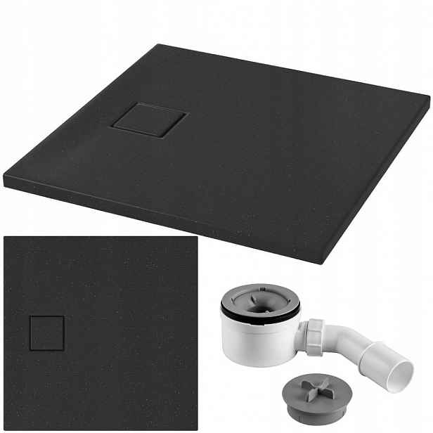 Čtvercová podlahová vanička černá mat Tako Slim 80x80x4 Cersanit sifon