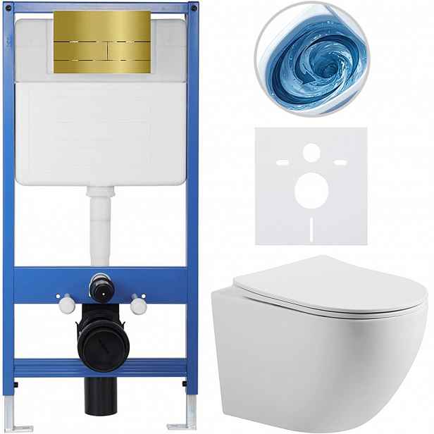 Kompletní WC set Profi/Cesso - bílá matná - WC tlačítko Line. zlatá - předstěnová instalace - 49x36 cm