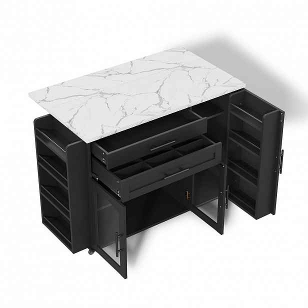 Modfu KUCHYŇSKÝ ostrůvek z MDF 120x45(70)x90 cm černý se sklápěcí deskou, 5 kolečky a úložným prostorem